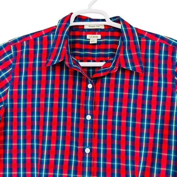 L.L. Bean Blouse Top Shirt Women's L‎ Red Blue Check Wrinkle Free Cotton Top - Picture 3 of 10